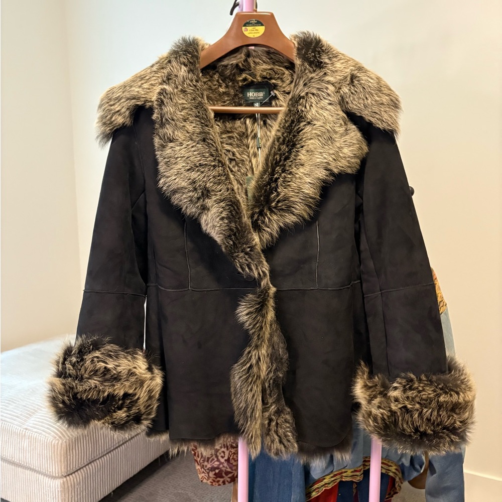 Luxury Y2K Whimsigoth Faux Fur Trim Black Genuine Sheepskin Coat Size 10 US